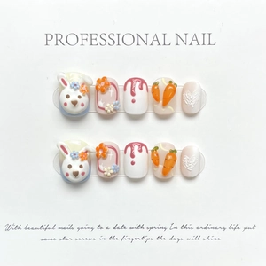 3D handmade press-on nails featuring cute forest animals, rabbits, and flowers for women