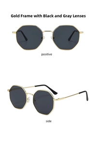Octagonal metal sunglasses with gold frames and dark grey lenses in front and side views