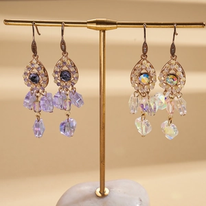 Vintage palace style hollow heart drop earrings with zircon and colorful crystal pendants