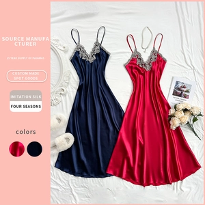 Sexy Lace V Neck Satin Nightdress For Women Elegant Spaghetti Strap Satin Like Sleepwear Long Nightgown