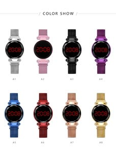 Matrix display of women's LED digital watches with magnetic mesh straps in 8 colors