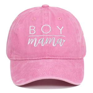 Pink washed cotton baseball cap with white BOY mama embroidery in vintage dad hat style