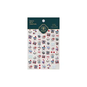 Retro cartoon nail stickers M1278 with blue and red cherry deer patterns and gold oil finish