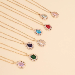 Elegant Water Drop Pendant Necklace Copper Glass Crystal Rhinestone Colorful Teardrop Jewelry For Women