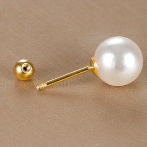 Minimalist 18K gold plated pearl stud earring with threaded screw back on fabric
