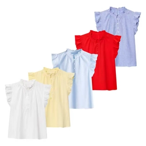 Five-pack of linen blend ruffle sleeve tops in white, yellow, blue, red and striped designs