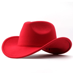 Bright red wide brim wool felt cowboy hat with classic pinched crown and curled edges