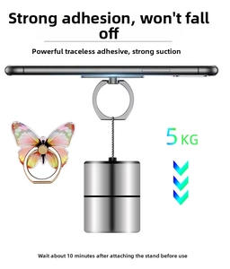 Detail showing butterfly phone ring grip supporting a 5KG weight load test for durability