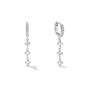 Detail of silver long chain tassel earrings with sparkling cubic zirconia geometric accents