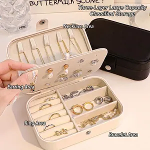 Portable Jewelry Box PU Leather Travel Organizer Case With Necklace Hooks Earring Plate Ring Slots For Women Girls
