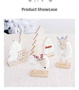 Detail of wooden Christmas table decor with reindeer, plush accents and XMAS trees