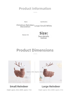 Size comparison chart for large 40cm and small 20cm white wool felt Christmas reindeer
