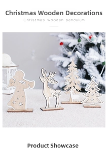 Close-up of minimalist wooden Christmas tree and reindeer figurines with white snow details