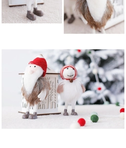 Detail of wool felt Santa and sheep figurines with wood texture for Christmas decor