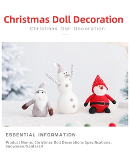 Close-up of wool felt Christmas figurines including gnome, snowman and Santa Claus