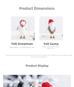 Size details for 17cm felt snowman and 20cm felt Santa Claus Christmas ornaments