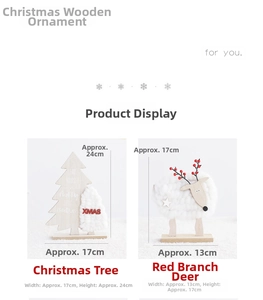 Detailed view of wooden Christmas tree with XMAS embroidery and white knit reindeer decor