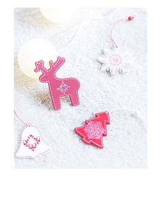 Detail of wooden Christmas ornaments featuring reindeer, snowflake, and tree shapes
