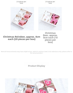 Macro detail of Nordic wooden Christmas elk ornaments with bells in a grid display box