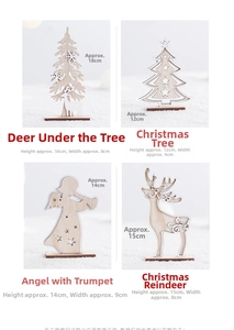 Detailed size comparison of four Nordic style wooden Christmas reindeer and tree ornaments