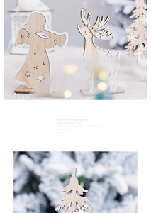 Detail of wooden Nordic Christmas ornaments featuring reindeer and tree with star cutouts