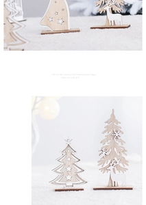 Close-up of laser-cut wooden Christmas reindeer and snowflake desk ornaments