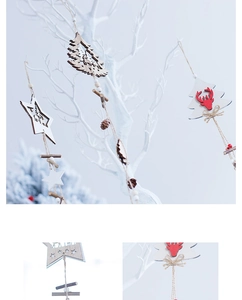 Detail of wooden Christmas ornaments with star and reindeer designs and jute rope