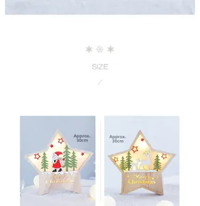 Macro detail of 30cm wooden star-shaped LED lamps with reindeer and Santa carvings
