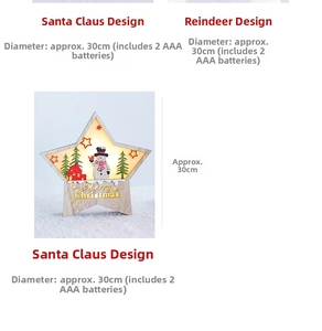 Detail of 30cm wooden LED star box showing miniature snowman scene and Merry Christmas text