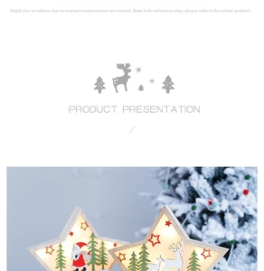 Detail of wooden LED star lantern with reindeer and Santa motifs for festive decor