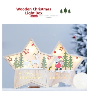 Detail of wooden Nordic LED star box featuring reindeer silhouettes and warm light
