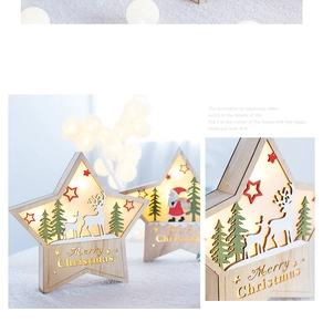 Detail of wooden Christmas star light with laser-cut reindeer and LED warm glow