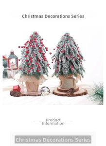 Close-up of frosted Christmas tree with red berries on a burlap-wrapped wood base