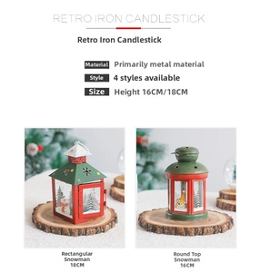 Detailed view of snowman Christmas iron candle holders on a rustic wood base