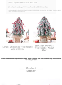 Detail showing 35cm and 40cm snowy red berry Christmas trees for tabletop decoration