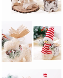 Detailed view of sisal Christmas reindeer and snowman figurines with rustic wood decor