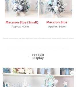Macro view of blue flocked snowy Christmas trees with cute bows in 40cm and 50cm sizes
