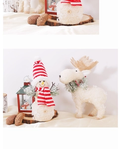 Close-up of sisal reindeer and snowman figures with artificial snow for festive decor