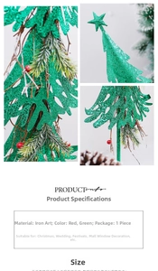 Detail of green glitter Christmas tree hanging with iron frame and red berries décor