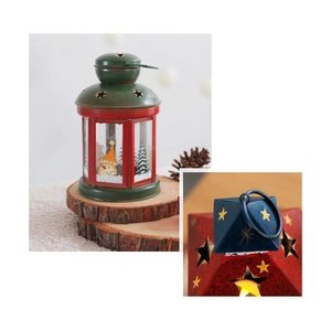 Detail of Christmas lantern with snowman and pine tree miniatures in a warm festive setting