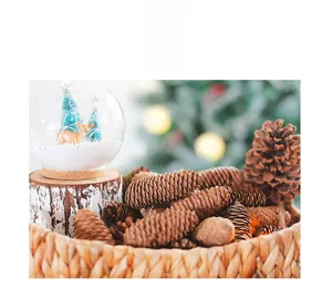 Macro shot of natural dried pine cones in a woven basket with festive bokeh lighting
