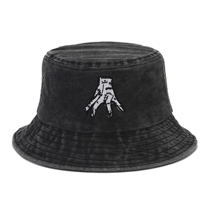 Vintage washed charcoal denim bucket hat with palm embroidery and breathable metal eyelets