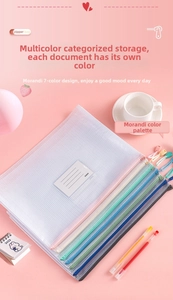 Close-up of Morandi colored A4 mesh zipper bags with card slots and index labels