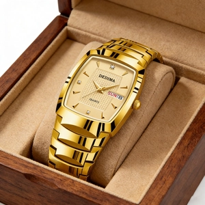 Macro detail van gouden tonneau horloge met dubbele kalender en diamant markeringen