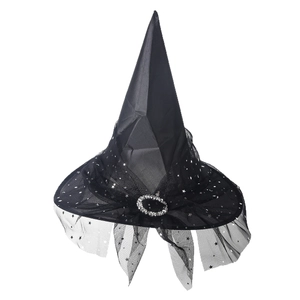 Black Oxford Halloween witch hat with silver stars mesh and rhinestone buckle