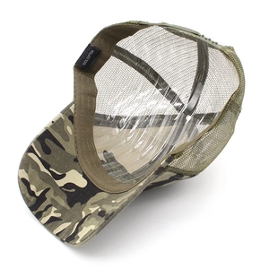 Detail of 100% cotton label inside the camo mesh trucker hat for outdoor use