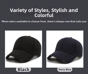 Detail view of cotton baseball caps in black and navy blue with decorative side leather patches