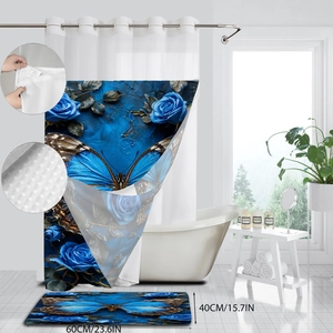 Detail view of butterfly floral shower curtain fabric and non-slip 60x40cm bath mat set