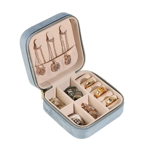 Sky blue velvet portable jewelry box with square zipper and multi-compartment storage