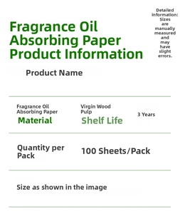 Detailed specifications for wood pulp face oil blotting paper showing various scent options